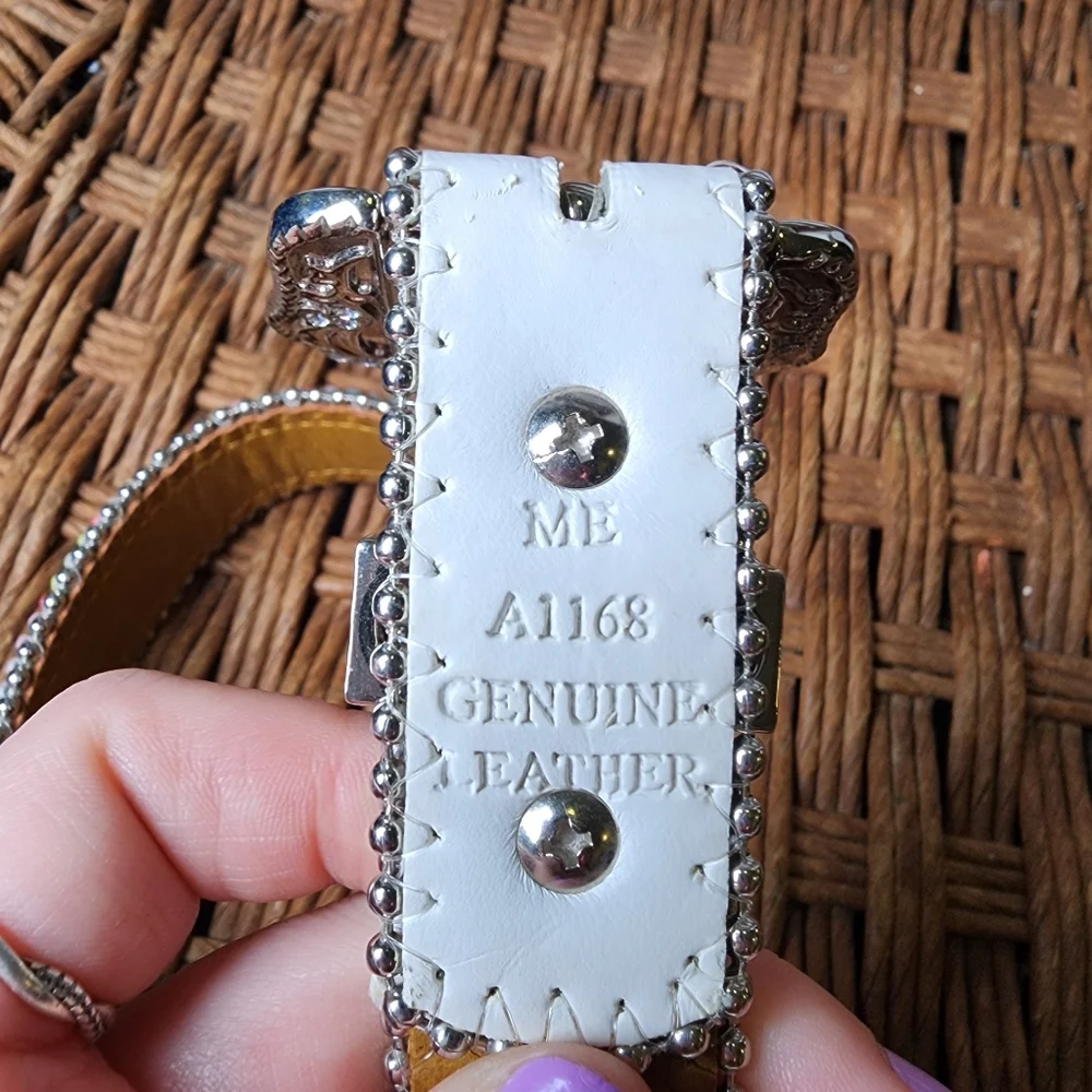 Girls White Leather Western Crystal Silver Buckle Belt 25‎